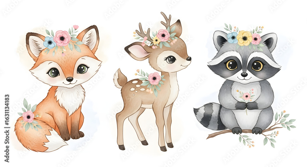 Naklejka premium Watercolor set of forest cartoon isolated cute baby fox, deer, raccoon and owl animal with flowers. Nursery woodland illustration. Bohemian boho drawing for nursery poster, pattern