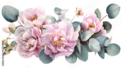 Fototapeta Naklejka Na Ścianę i Meble -  A delicate watercolor illustration of pink peonies and eucalyptus leaves, showcasing botanical beauty.