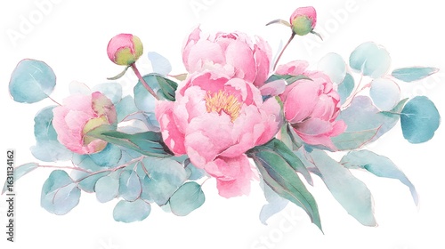Fototapeta Naklejka Na Ścianę i Meble -  A delicate watercolor illustration of pink peonies and eucalyptus leaves, showcasing botanical beauty.