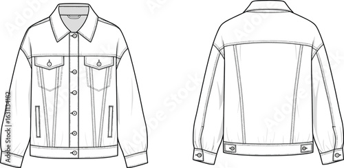 CAD drawing flat vector illustration, denim jacket template, technical fashion sketch, front and back view, garments dress, garments cloth