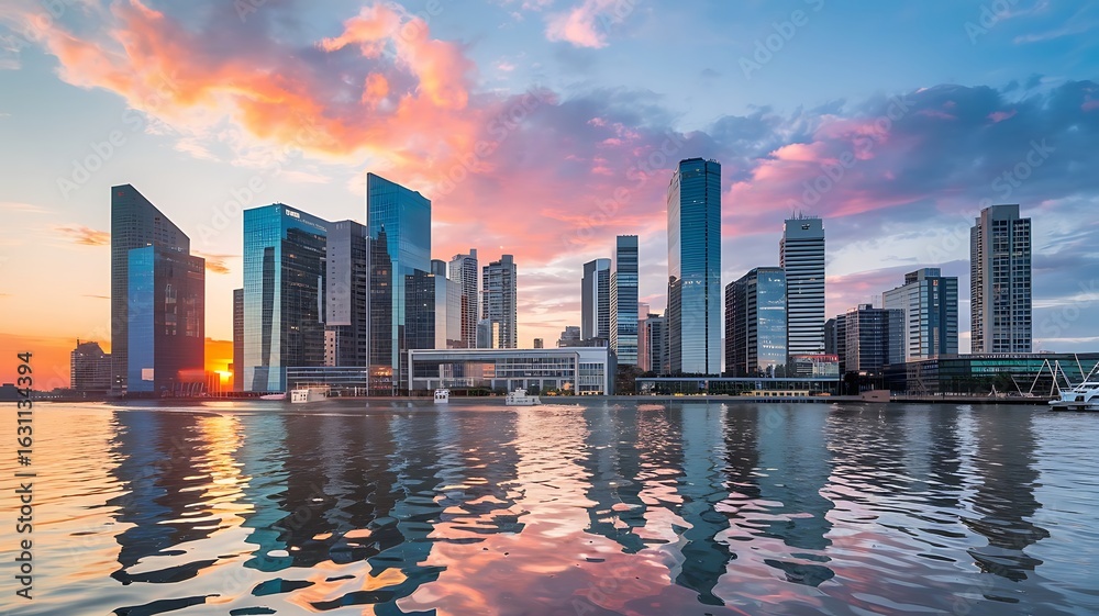 Fototapeta premium Stunning Cityscape Sunset Reflection Skyscrapers Waterfront,