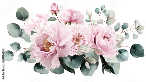 Fototapeta Naklejka Na Ścianę i Meble -  A delicate watercolor illustration of pink peonies and eucalyptus leaves, showcasing botanical beauty.