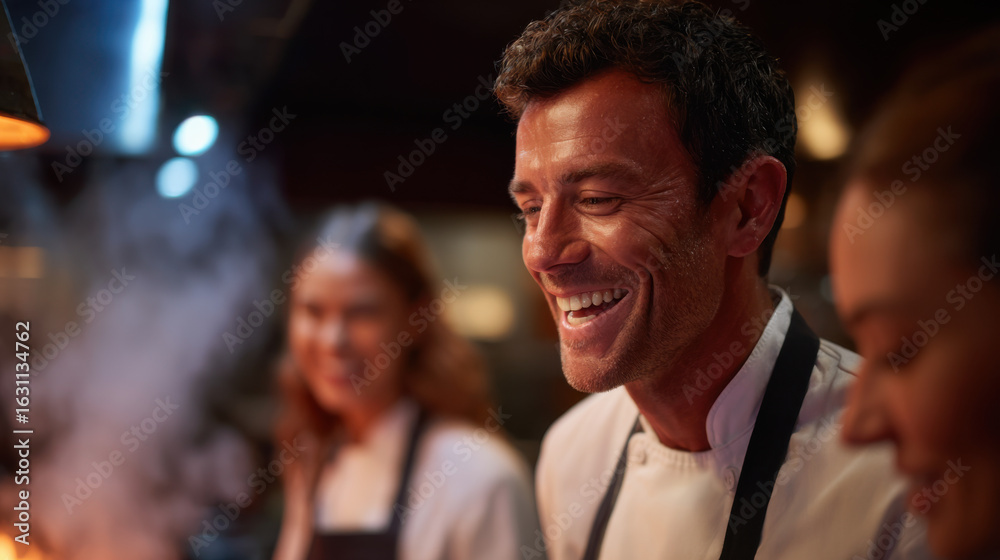 Obraz premium Happy Male Chef Cooking in a Professional Kitchen with Team, Warm Atmosphere, and Smiling Faces - Culinary, Hospitality, Food Industry