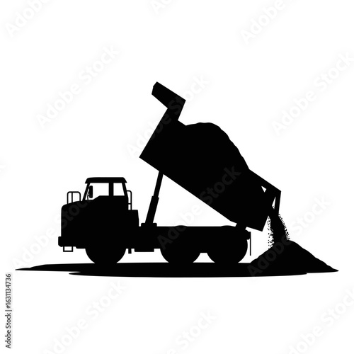 A stark black silhouette of a heavy-duty dump truck actively unloading a pile of material, isolated against a clean white background.