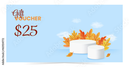 Simple and clean autumn gift voucher with blue sky, white podium and orange foliage. 25 discount for seasonal offers or product campaigns. Vector illustration