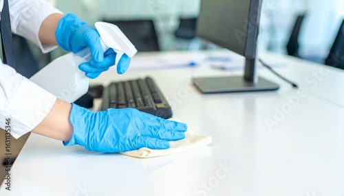 Employee in protective gloves cleaning and disinfecting an office desk with spray.