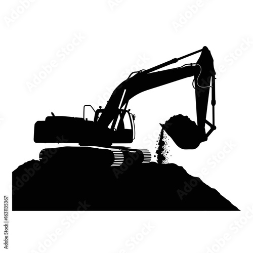 A powerful silhouette of an excavator actively digging and moving earth on a construction site, symbolizing heavy industry and development.