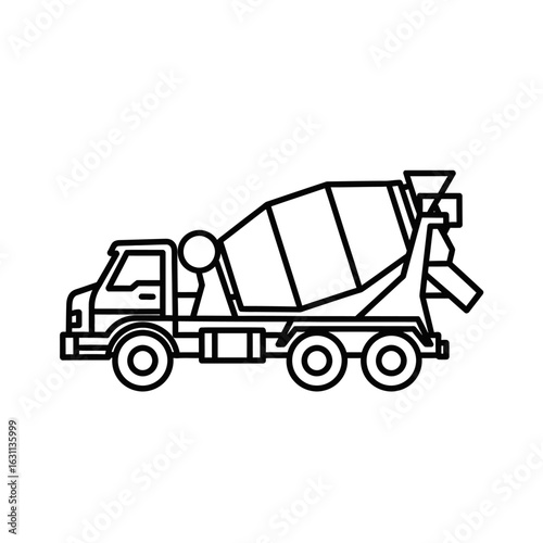 Minimalist line art illustration of a concrete mixer truck, showcasing industrial transportation in a clean, modern design on a white background.
