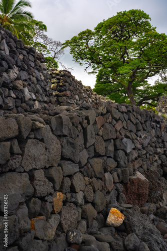 Ancient Stone Walls of the Sacred Hikiau Heiau at Kealakekua Bay, A historical Hawaiian Cultural Site on the Big Island, Hawaii