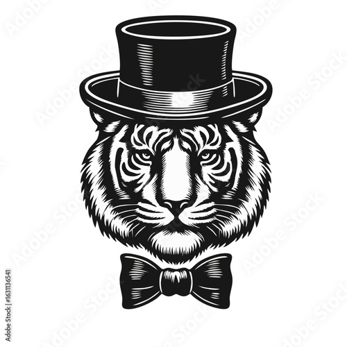 Tiger Head Wearing Top Hat and Bow Tie