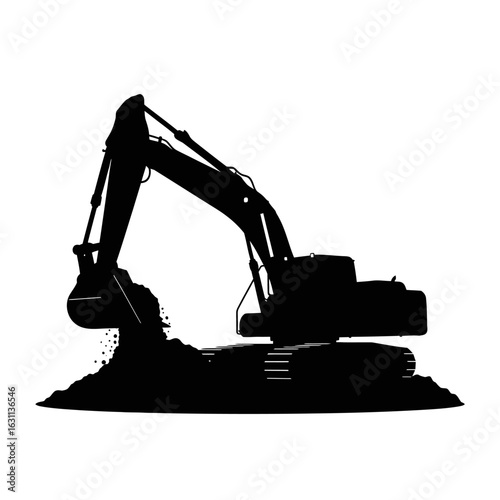 A black silhouette of an excavator digging into a pile of dirt, representing construction and heavy machinery, isolated on a clean white background.