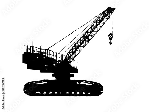Vector Detailed black silhouette of a crawler crane with a suspended hook.