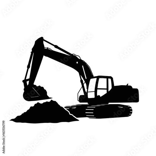 Black and white silhouette of an excavator digging a pile of earth, ideal for construction, industry, and machinery related projects, conveying power and efficiency.