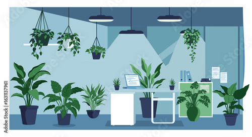 Office space with plants, desk, and modern interior