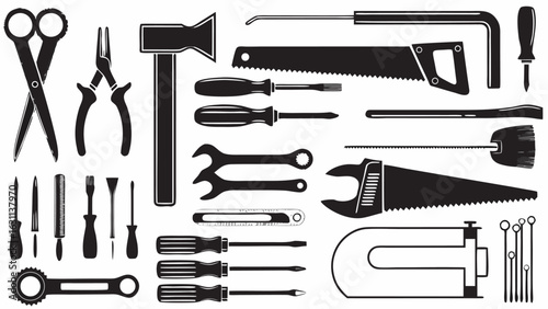Illustration of various tools including saws screwdrivers wrenches and other hand tools for repair work | editable eps vectors silhouette