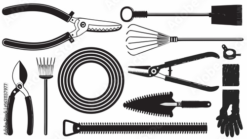 Illustration showing various gardening tools including pruners shovel rake and other garden equipment items | editable eps vectors silhouette