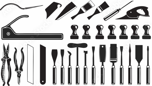 Illustration showing a collection of various sculpting tools and equipment in black and white silhouette | editable eps vectors