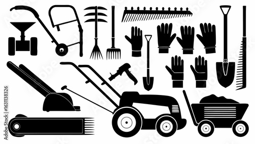 Illustration showcasing an assortment of gardening tools and equipment in black silhouette against white ground | editable eps vectors