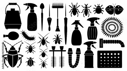 Illustration showing various household pest control items and insects in black silhouette style design | editable eps vectors