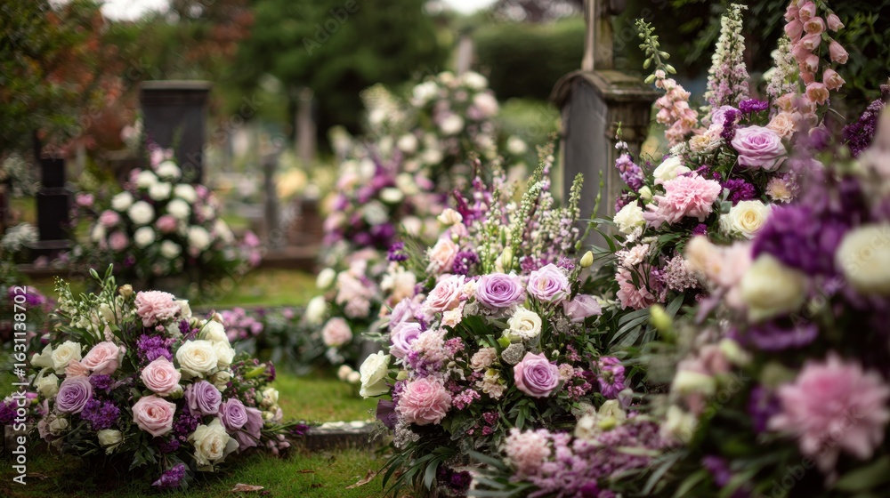 Obraz premium Serene Remembrance: A Lavender and White Floral Tribute at a Cemetery