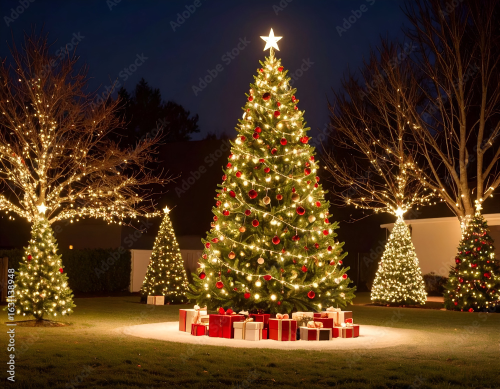 Obraz premium Illuminated Christmas Tree with Night Scene.
