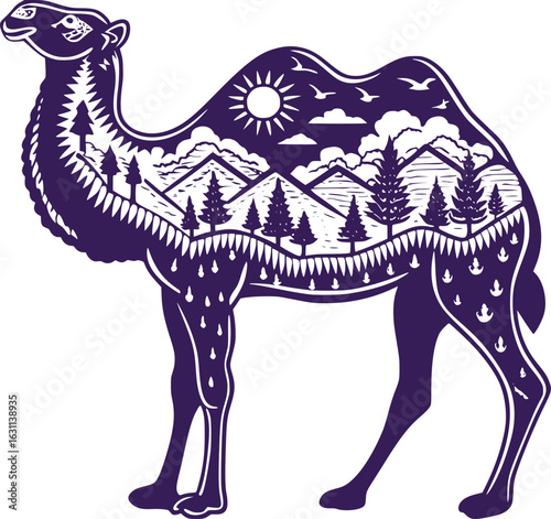 Camel Silhouette with Mountain Landscape Double Exposure Illustration