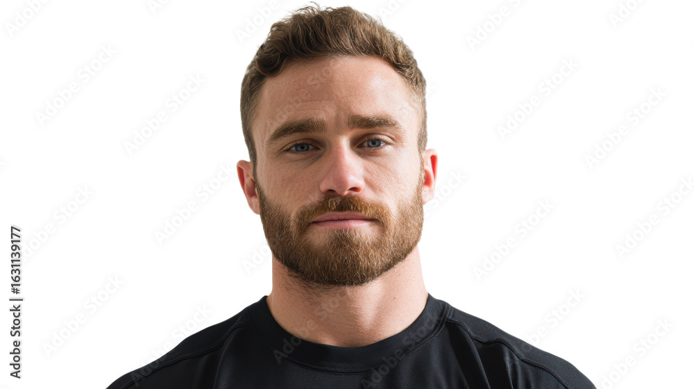 Obraz premium Portrait of a serious young man with a beard, wearing a black shirt, isolated on a white background.