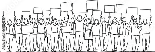 Protest crowd illustration holding signs demonstration activism line