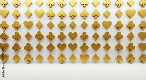 Empty room with extruded array of gold casino card heart, diamond, spade, and club symbols on wall
