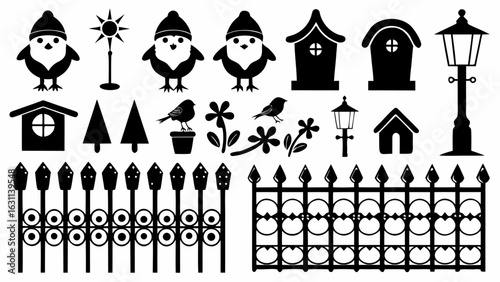 Illustration of birds in hats birdhouses trees flowers fences and lamps in a winter scene black and white | editable eps vectors silhouette