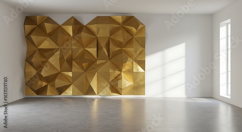 Empty square room with Golden Colored Geometric on wall