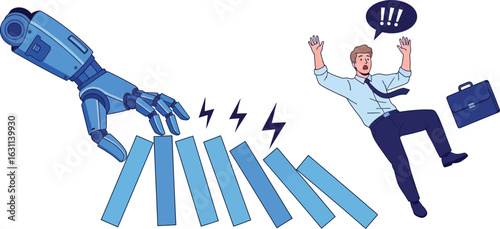 Automation and job loss concept robot hand pushing dominoes man falls