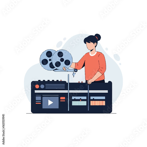 Female Video Editor Working with Film Reels and Editing Console for Post Production