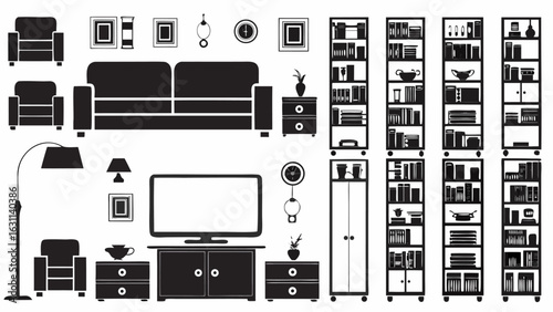 Illustration of a living room setup with furniture including sofa armchairs and bookshelves in black | editable eps vectors silhouette