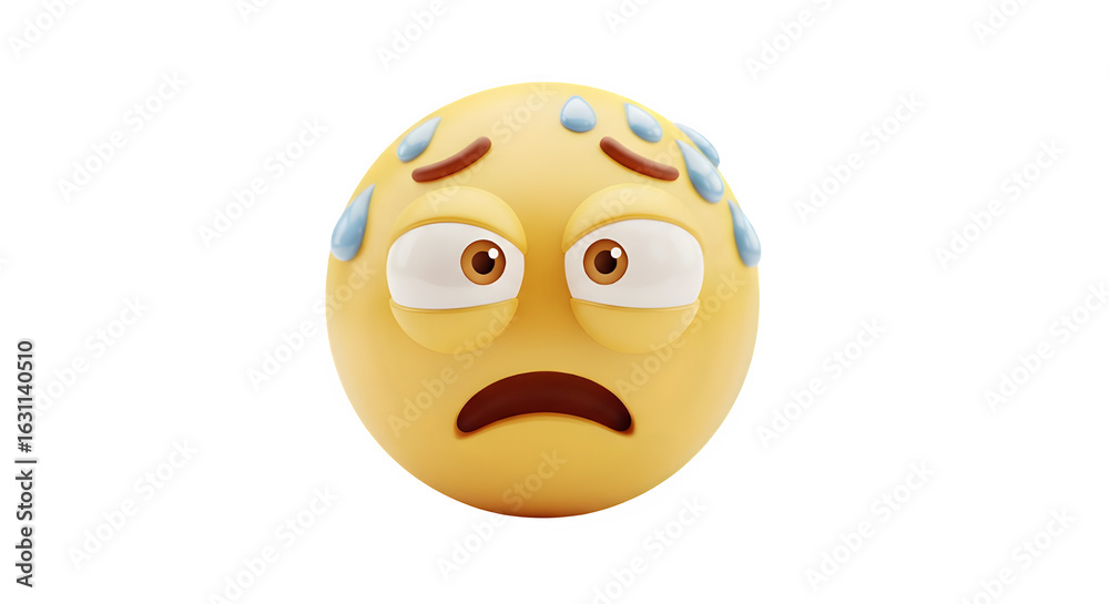 Fototapeta premium Worried emoji with sweat drops and wide eyes conveys stress, anxiety, and nervous anticipation of a challenging situation.