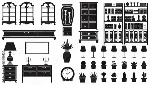 Illustration of furniture including cabinets, bookshelves, plants, lamps, and other decor items | editable eps vectors silhouette