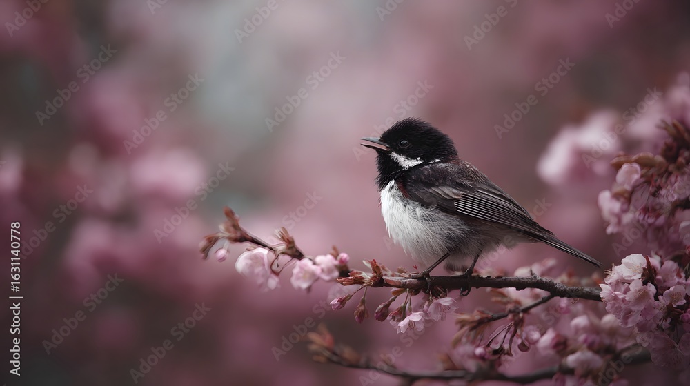 Fototapeta premium Songbird perched on blossoming branch in spring