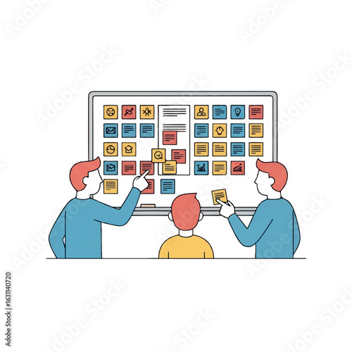 Agile Team Collaboration Brainstorming with Sticky Notes on Kanban Board Illustration