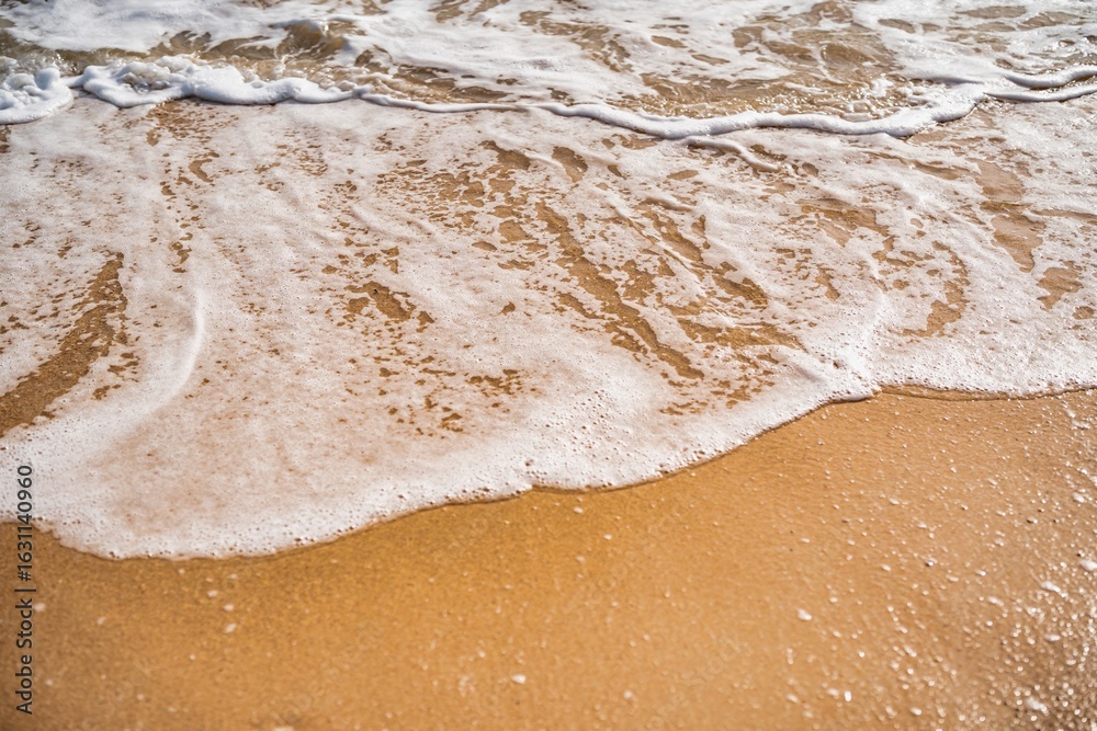 Fototapeta premium Soft waves gently lapping at a sandy beach under the warm sunlight in the afternoon