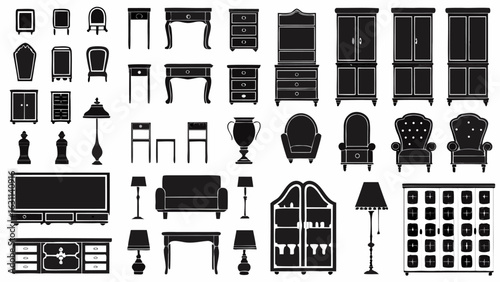 Illustration showing a collection of furniture pieces including chairs tables cabinets and lamps in black and white | editable eps vectors silhouette