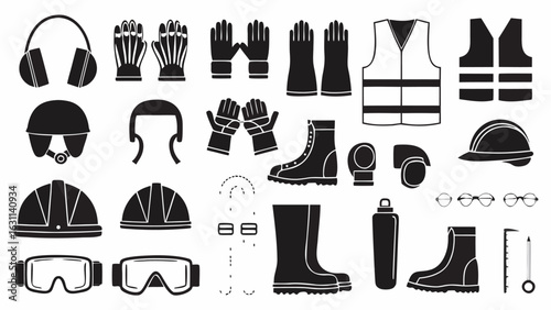 Illustration showcasing a variety of safety equipment including helmets gloves vests and protective eyewear items | editable eps vectors silhouette