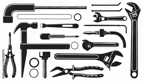 Illustration featuring an assortment of various hand tools including wrenches pliers and other hardware items | editable eps vectors silhouette