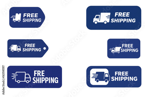 Six blue "Free Shipping" badges with delivery truck icons, isolated on white background for e-commerce promotions and shipping offers