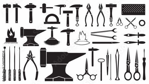 Illustration showing a collection of blacksmith tools including hammers anvils tongs and cutting instruments | editable eps vectors silhouette