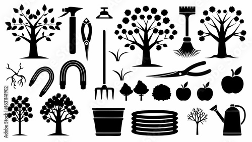 Illustration of various gardening tools and plants including trees, apples, and watering can icon set | editable eps vectors silhouette