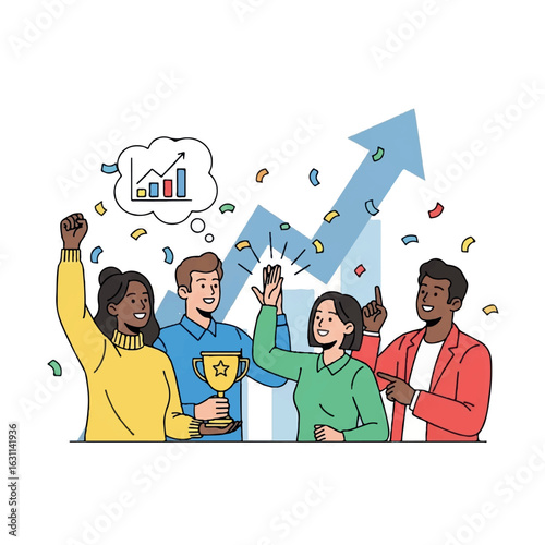 Diverse Team Celebrating Success with Trophy Growth Chart and Upward Arrow Illustration
