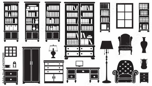 Illustration showing various furniture items including bookcases chairs lamps desks and other home furnishings | editable eps vectors silhouette
