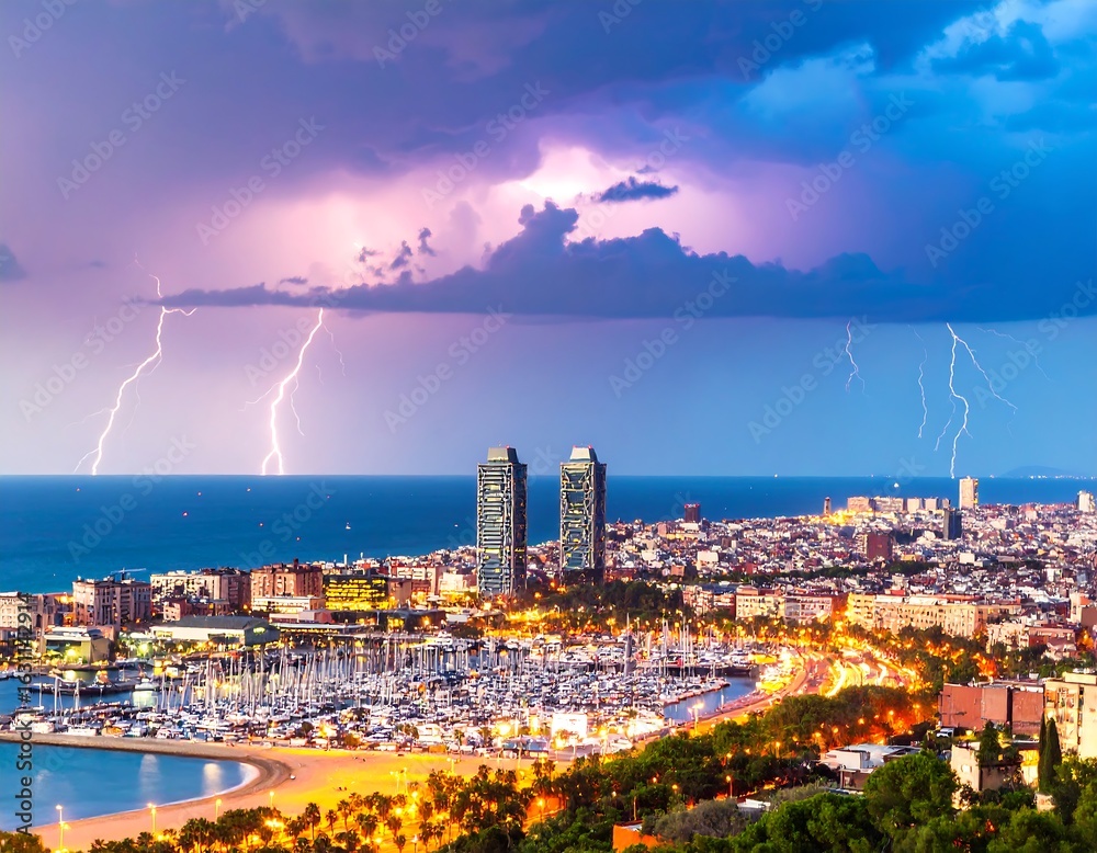 Obraz premium City skyline illuminated by storm