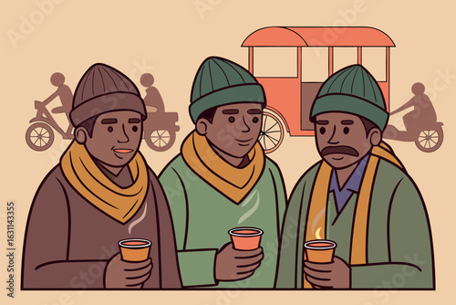Three Asian men in hats share hot drinks with a vintage auto
