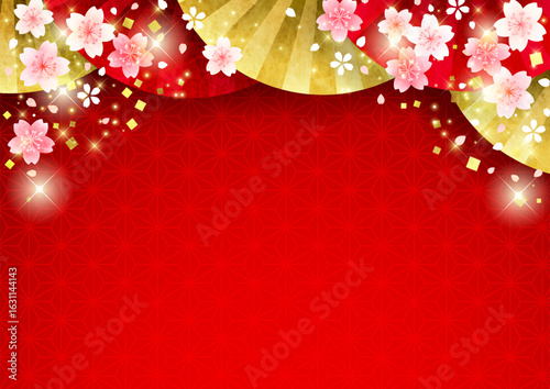 扇子に桜の和風背景、横、赤、かわいい、イラスト